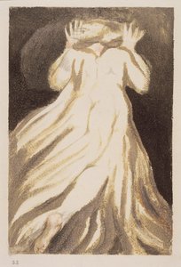 Um homem de cabelos brancos com um robe comprido e pálido que foge de nós com as mãos erguidas, placa 21 de &39;O Primeiro Livro de Urizen&39;, 1794 (cor impressa em relevo gravado com wc) de William Blake